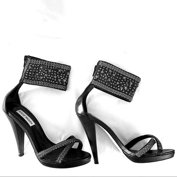 STEVE MADDEN leather silver studded open toe heeled Sandals w Ankle band.SIZE 39 - Picture 10 of 10